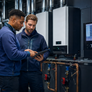 Facilities manager and commercial heating engineer reviewing boiler sequencing and BMS controls in a modern plant room.