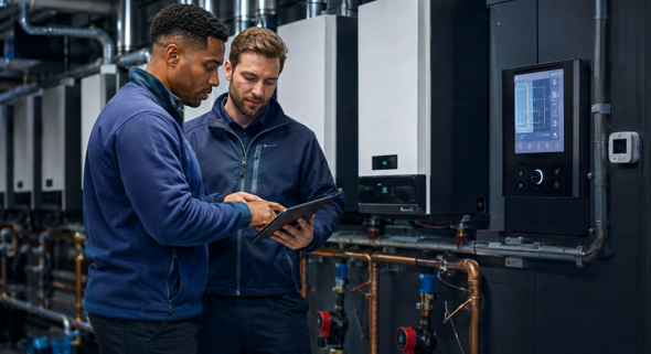 Facilities manager and commercial heating engineer reviewing boiler sequencing and BMS controls in a modern plant room.