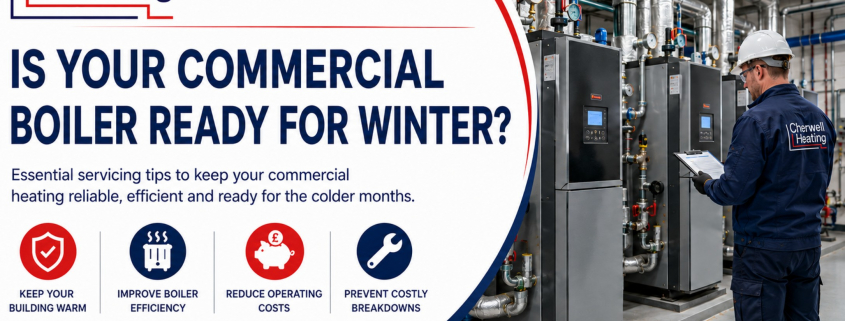 Commercial heating engineer servicing commercial boilers in a plant room to prepare the system for reliable and efficient winter operation.