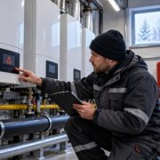 Commercial heating engineer diagnosing a boiler lockout on a cascade system in a cold-weather plant room