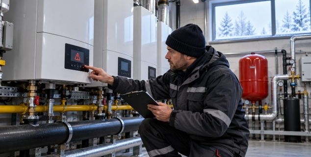 Commercial heating engineer diagnosing a boiler lockout on a cascade system in a cold-weather plant room
