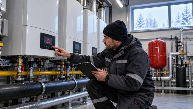 Commercial heating engineer diagnosing a boiler lockout on a cascade system in a cold-weather plant room